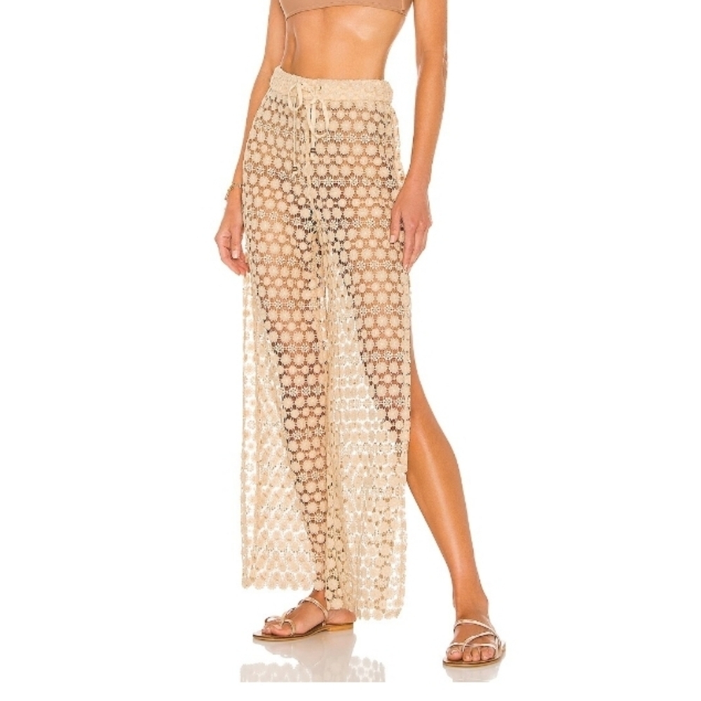 Lovers + Friends Chiara Pant Sandstone Tan Crochet Wide-Leg Resortwear Coverup S